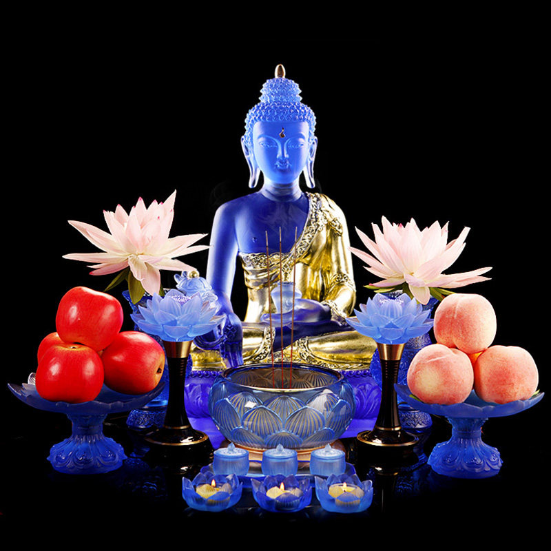 佛堂七宝琉璃供具摆件药师佛蓝色琉璃香炉莲花灯花瓶供盘水杯烛台