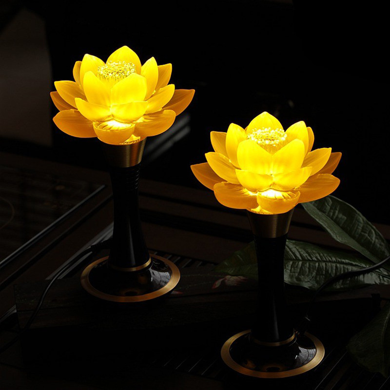 家用佛堂供佛观音长明灯led铜底座古法七宝琉璃莲花灯琥珀大号