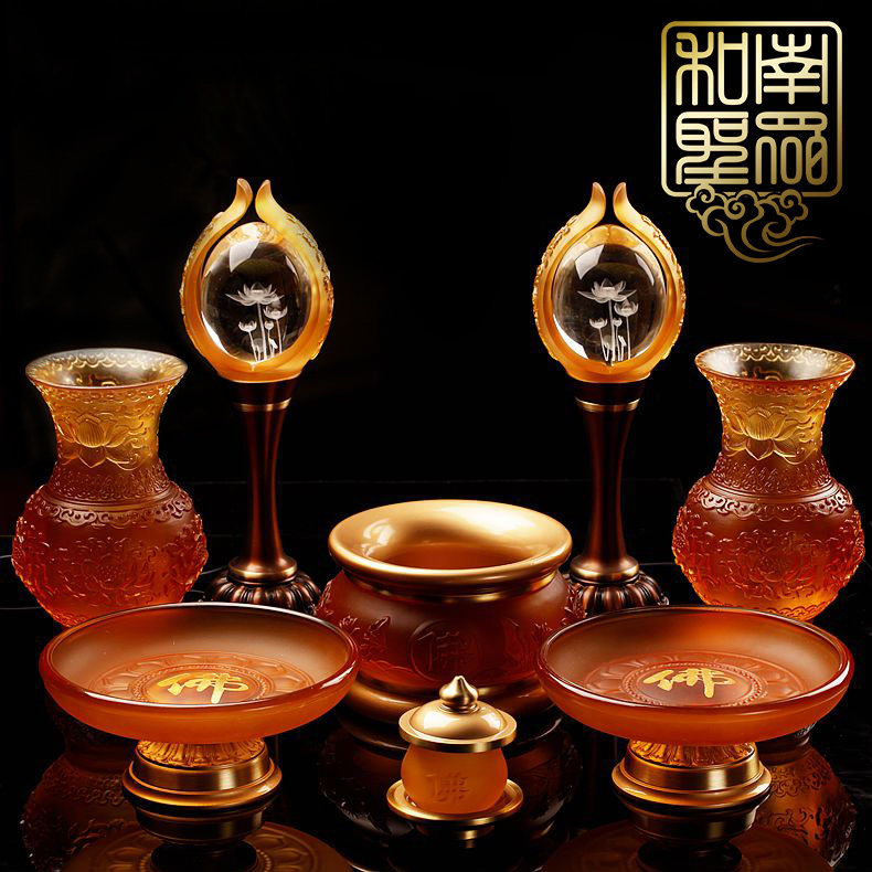 佛堂供具佛家七宝琉璃供具琉璃香炉莲花灯花瓶佛字供盘水杯整套