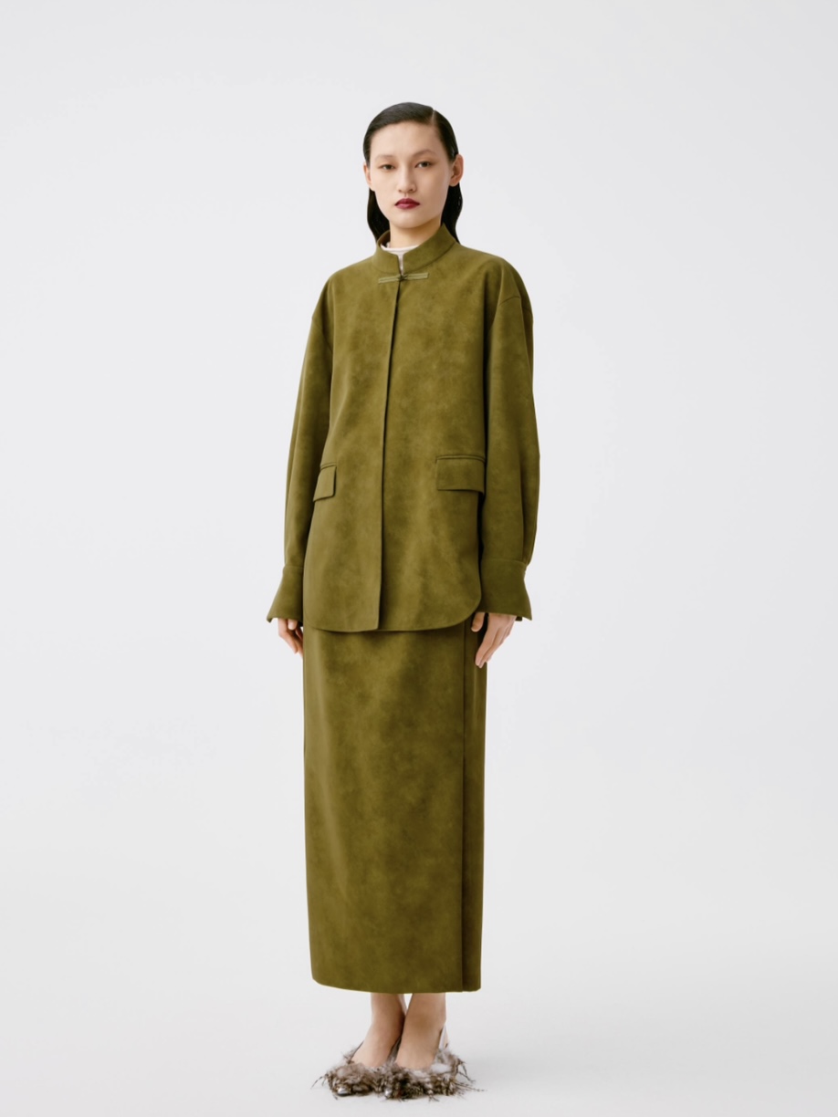 LA MAISON JADE玉琼苔绿色立领一粒扣西装外套