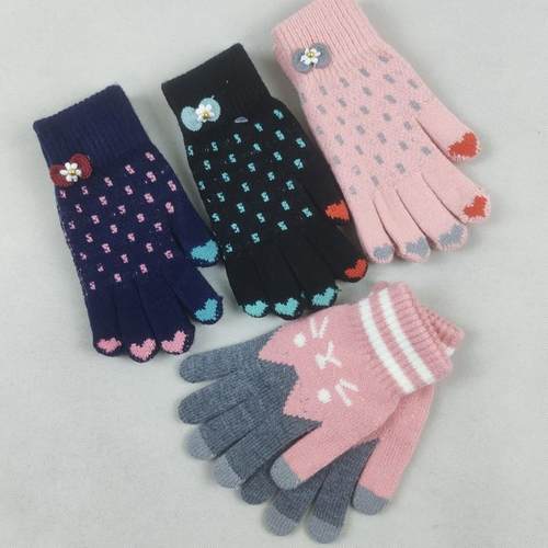 秋冬季可触屏手套女士加厚加绒保暖可爱时尚毛线针织防寒分指手套