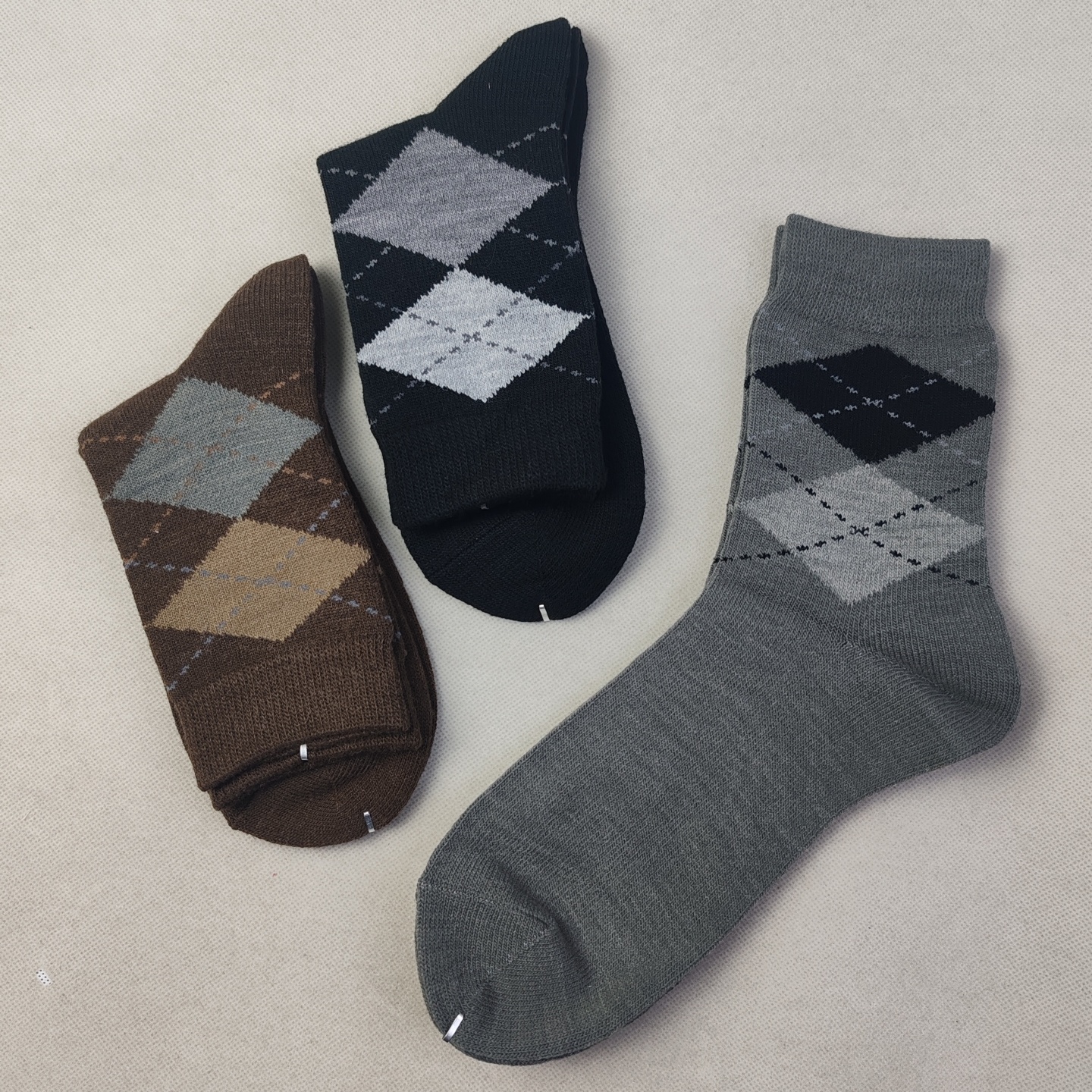 秋冬季男士中筒休闲商务袜棱形大格子毛混纺保暖袜男冬天皮鞋袜子