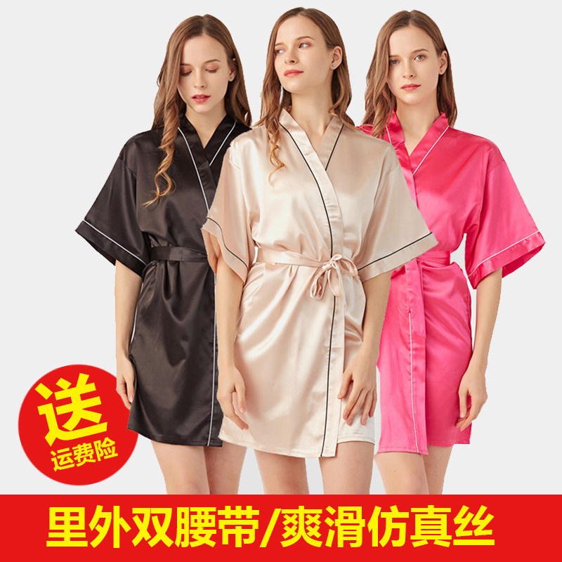 女夏凉感冰丝中袖睡袍酒店美容院不过膝短款仿真丝镶边浴袍睡衣薄
