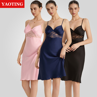 女缎面雪纺性感蕾丝拼接低胸吊带睡裙仿真丝冰丝睡衣连衣裙短款薄