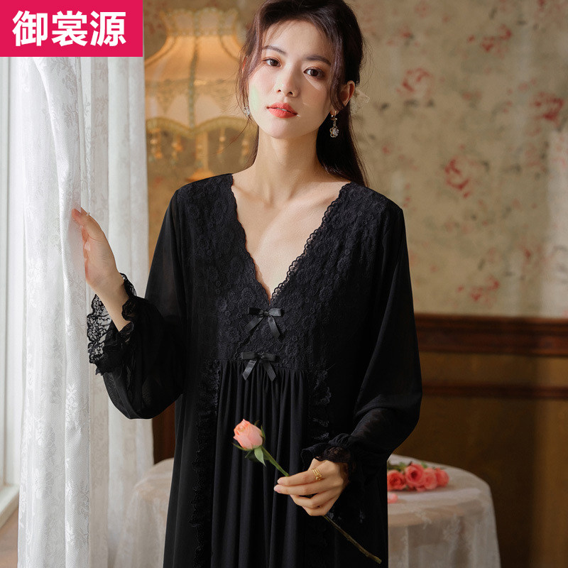 网纱莫代尔双层女加长睡裙性感蕾丝领连衣裙长袖高腰线显腿长睡衣