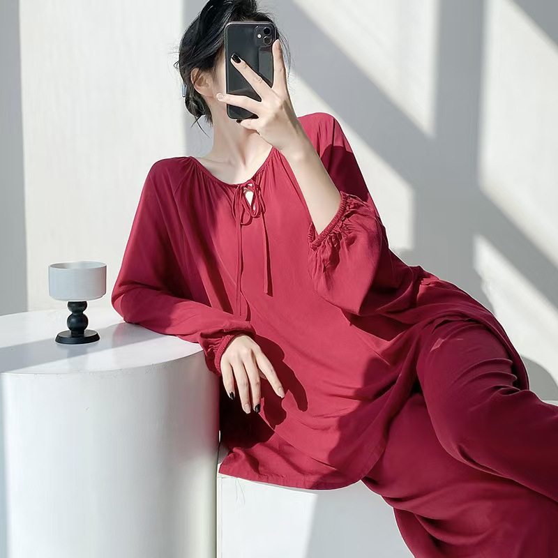 100%棉绸自带内衬女夏可爱宽松睡衣松紧长袖长裤薄款人造棉套装薄