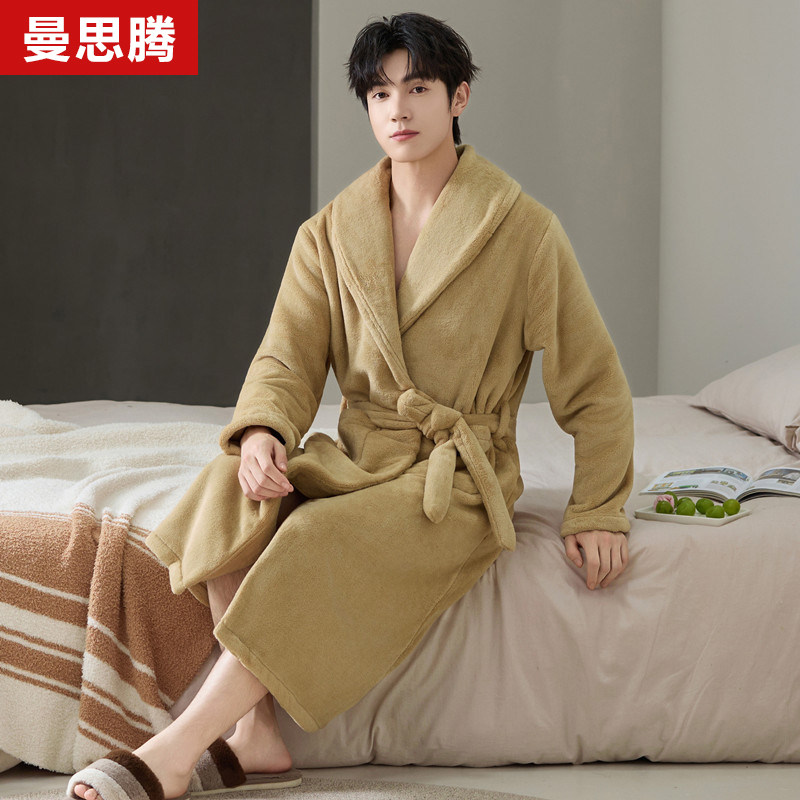 男士加绒加厚睡袍秋冬细密法兰绒中长款腰带浴袍简洁纯色保暖睡衣