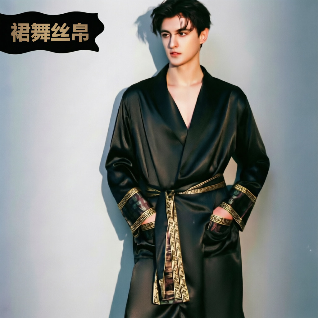 男士仿真丝睡袍夏季薄款冰丝绸浴袍长袖家居服复古印花腰带高级感