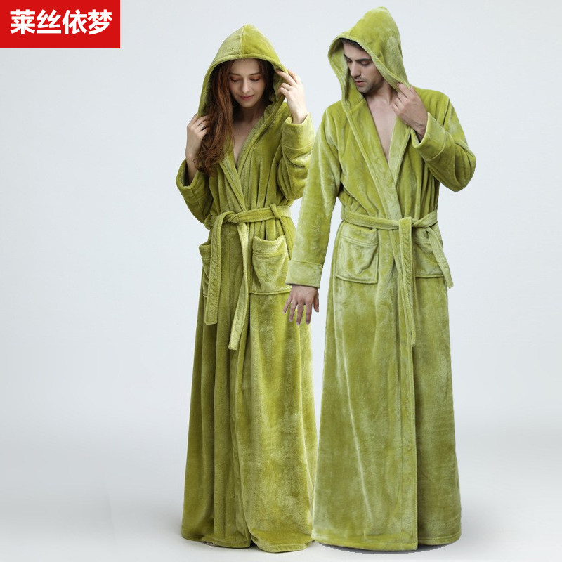超长到脚踝男女情侣通用加绒加厚法兰绒连帽睡袍秋冬长袖浴袍睡衣