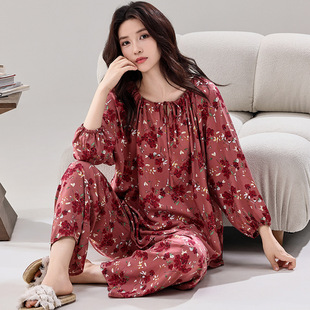 100%棉绸田园风女春夏季抽绳百褶领松紧口长袖碎花睡衣两件套装薄