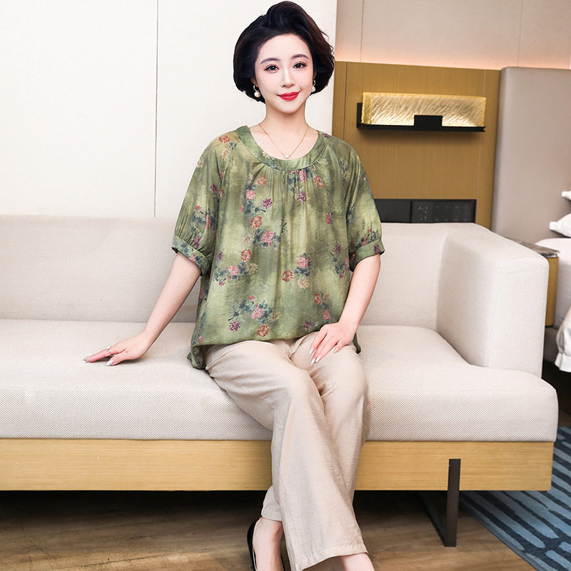 100%棉绸女中老年人妈妈中国风花鸟短袖长裤外穿家居服睡衣套装薄