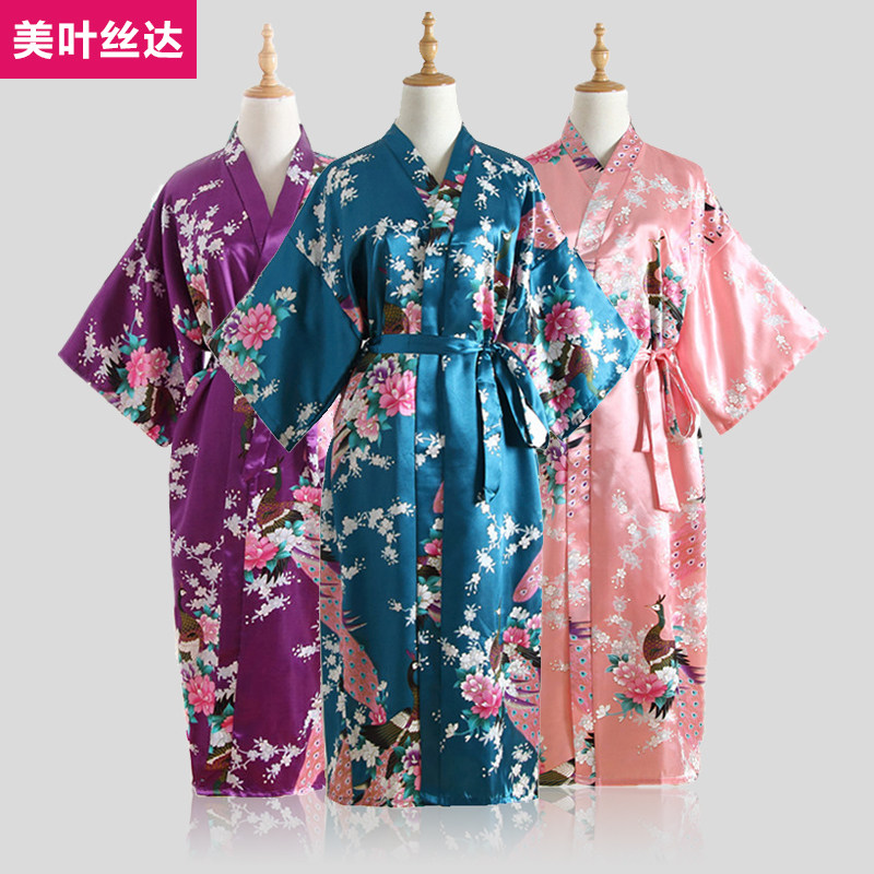 外贸加长款冰丝孔雀樱花印花睡袍夏凉感中袖宽松浴袍女睡衣薄款