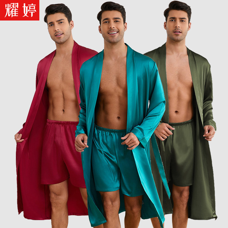 冰丝睡袍加短裤两件套装欧美凉感低奢男夏薄仿真丝中长款浴袍睡衣