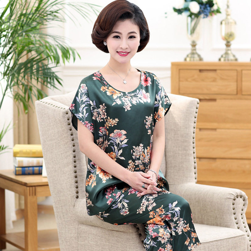 冰丝女中老年人妈妈缎面仿真丝短袖七分裤大妈睡衣套装碎花家居服