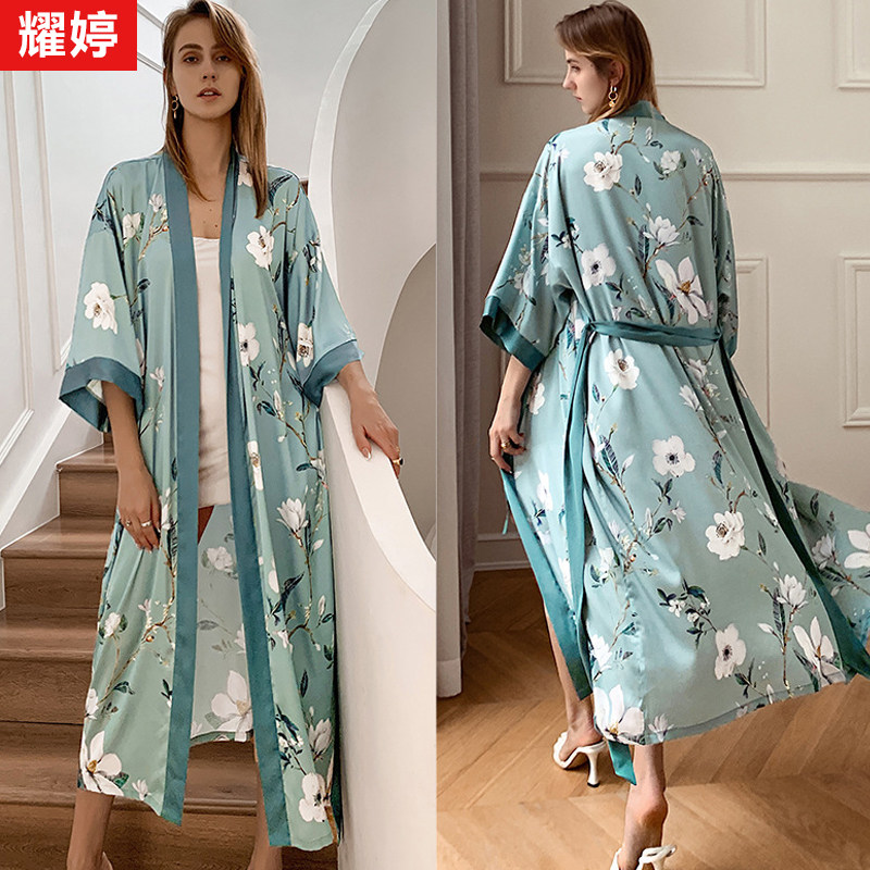 女中国风缎面雪纺加长睡袍浴袍女