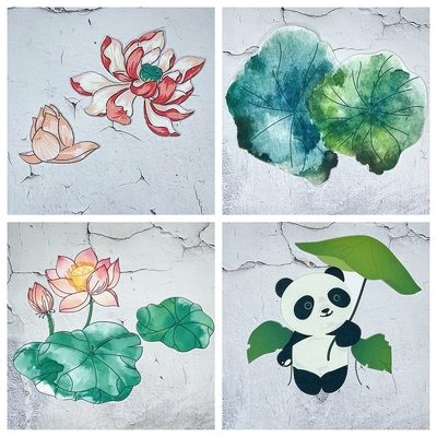 荷花荷叶熊猫墙贴新中式国风