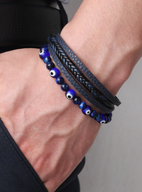 欧美复古虎眼石手链恶魔之眼多层皮革磁扣编织手环自然石眼睛手串