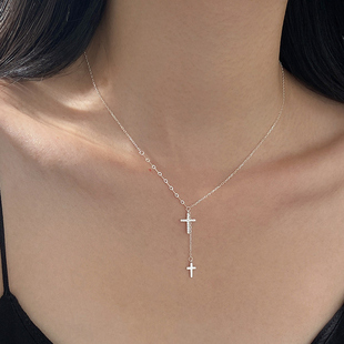 s925纯银双十字架项链女小巧迷你新欧美范吊坠流苏镶钻小众锁骨链