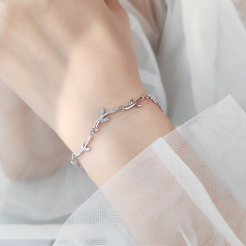 s925纯银橄榄枝手链女士小众冷淡风学生党手饰树枝森系新中式银饰