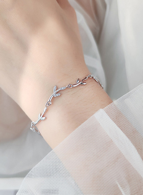 s925纯银橄榄枝手链小众轻奢精致手饰树枝森系银饰七夕礼物送女友