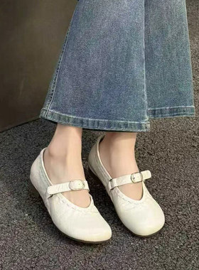 富丽女鞋2026春季新款复古风牛皮鞋女平底一字带百搭单鞋女585-19