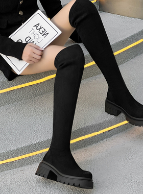 富丽2005冬季黑色弹力女靴厚底过膝靴时尚显瘦高筒弹力女靴316-35