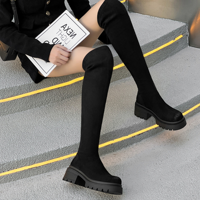 富丽2005冬季黑色弹力女靴厚底过膝靴时尚显瘦高筒弹力女靴316-35