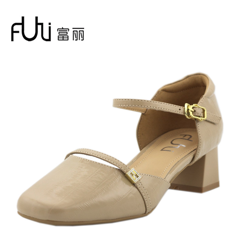 富丽甜美一字带凉鞋女2024年新款夏季真皮包头粗跟单鞋121-551