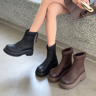 富丽厚底短靴女2025冬新款复古英伦风短靴弹力靴瘦瘦靴女652-121