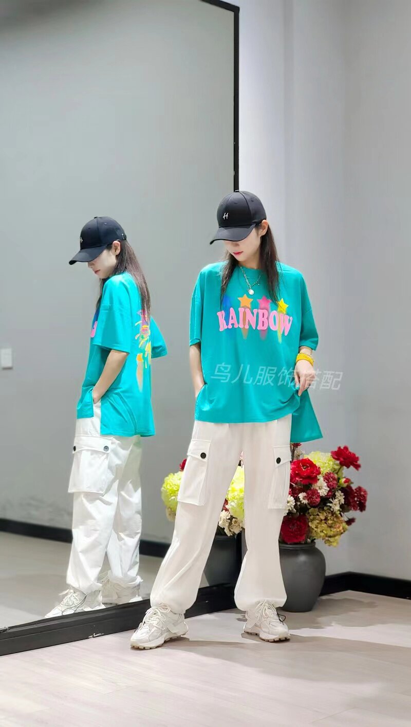 2025夏季新款网红抖音同款印花短袖曳步舞工装裤男女同款演出服潮