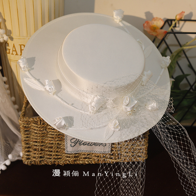 2022法式复古优雅新娘网纱花朵礼帽造型缎面白色拍照婚纱影楼配饰