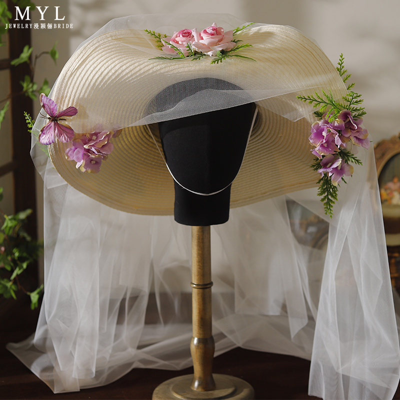 新款森系复古粉色花朵礼帽新娘结婚纱礼服头饰旅拍造型配饰