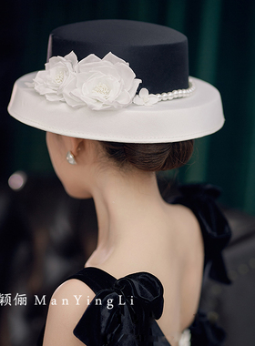 黑色法式珍珠环烫花礼帽复古优雅婚纱拍照帽饰时尚洋气赫本风帽子