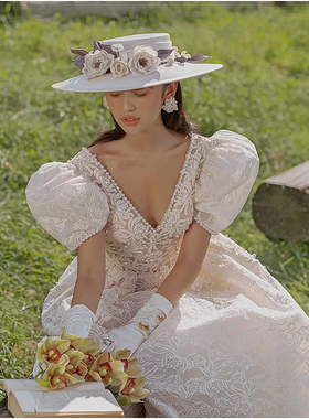油画法式礼帽手工紫色缎面花朵