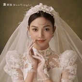 法式 复古民国风软纱手工玫瑰花朵头纱造型新娘浪漫婚纱影楼配饰品