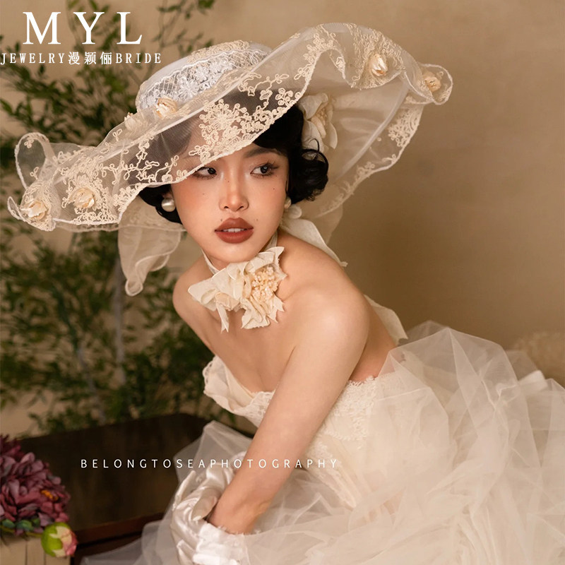 新品手作蕾丝小花个性仙气大礼帽新娘结婚纱礼服造型写真旅拍饰品