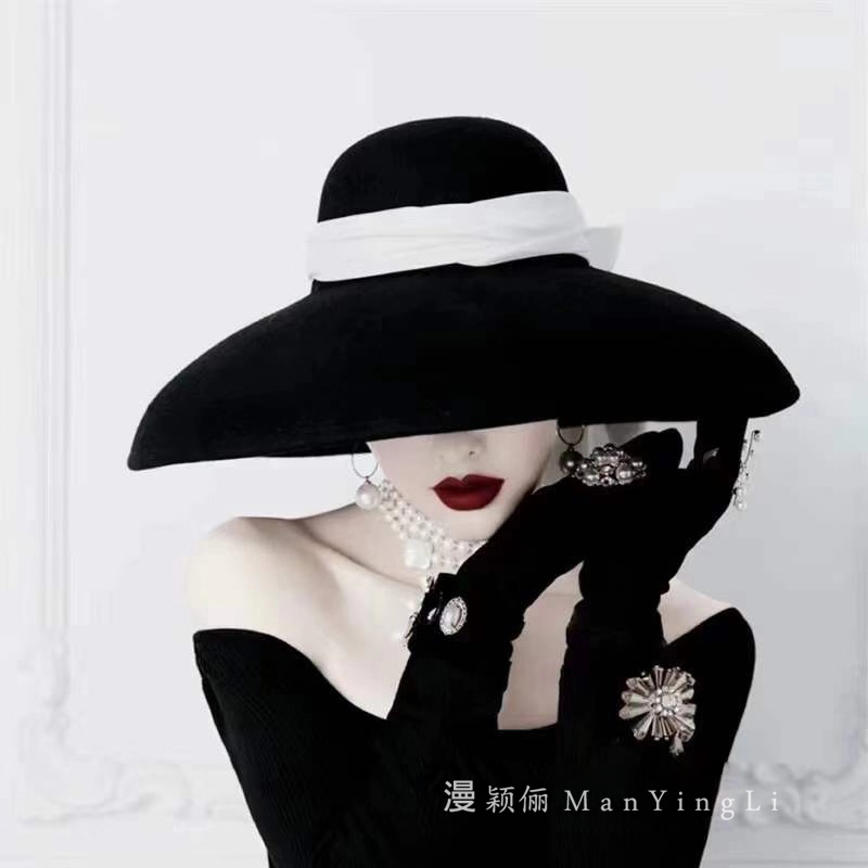 原创英伦法式优雅极简黑色丝绒缎带赫本风礼帽写真影楼复古帽子女