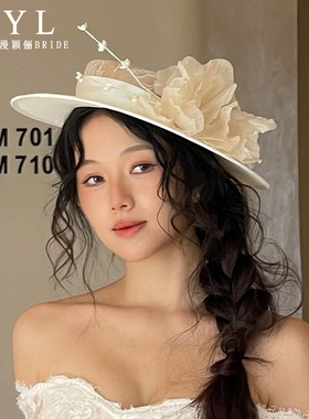法式新娘油画风蕾丝花朵英伦名媛白色礼帽造型森系婚纱礼服头饰女