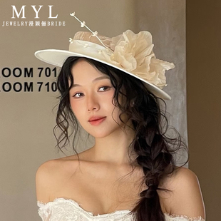 新娘油画风蕾丝花朵英伦名媛白色礼帽造型森系婚纱礼服头饰女 法式