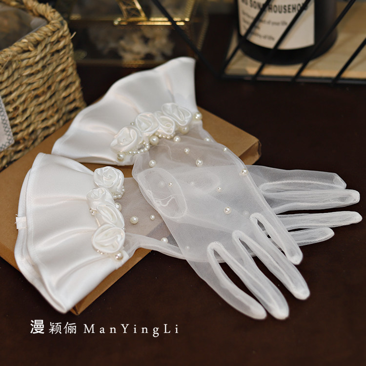 新娘法式白色缎面蝴蝶结珍珠婚纱礼服手套复古结婚婚礼短款赫本风