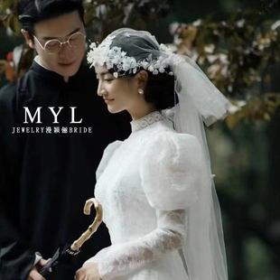 漫俪新娘原创复古花边民国风外景婚纱照写真旅拍头纱结婚拍摄道具