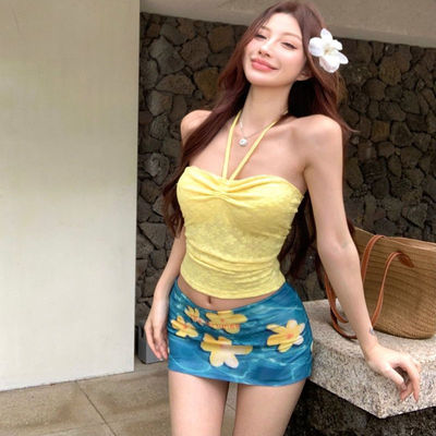 辣妹性感碎花系带抹胸背心上衣女两件套装夏季多巴胺穿搭短款上衣