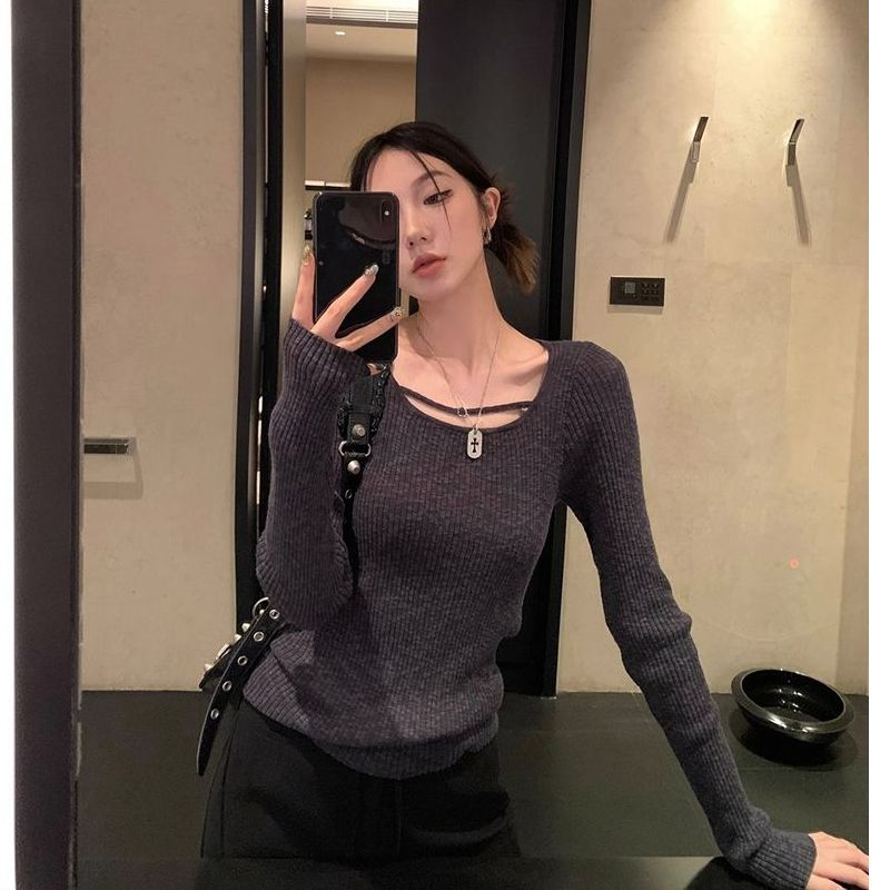 灰色长袖毛针织衫女2025春秋季新款内搭打底衫设计感修身显瘦上衣