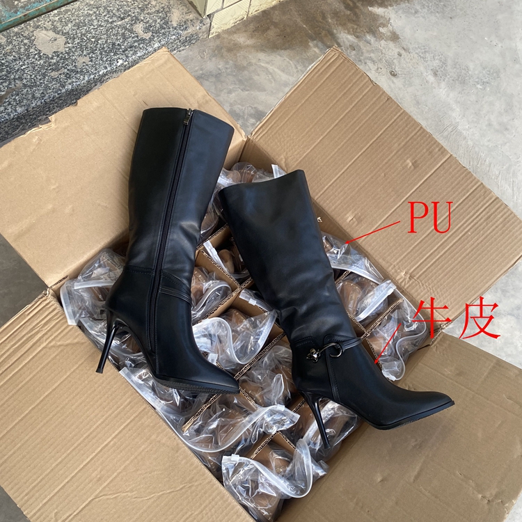 外贸大码黑色尖头真皮牛皮皮带扣尖头细跟高跟性感百搭高筒长靴女