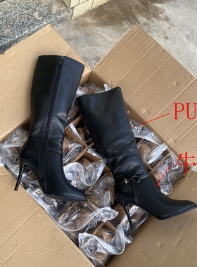 外贸大码黑色尖头真皮牛皮皮带扣尖头细跟高跟性感百搭高筒长靴女