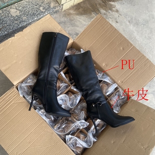 外贸大码黑色尖头真皮牛皮皮带扣尖头细跟高跟性感百搭高筒长靴女