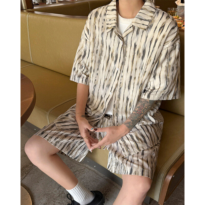 KUSEN短袖衬衫五分短裤帅气穿搭一整套男夏季沙滩度假风休闲套装