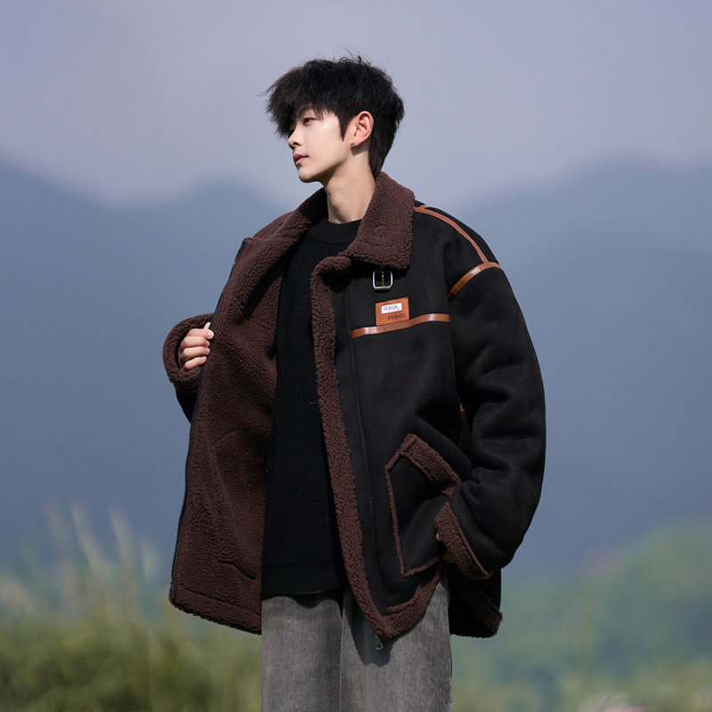 KUSEN 皮毛一体外套男冬季青少年羊羔绒棉服男加绒加厚鹿皮绒外套