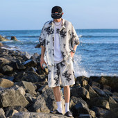 衬衫 大码 男士 KUSEN冰丝短袖 夏季 套装 宽松沙滩衬衣T休闲短裤 两件套