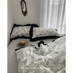 Vintage复古赫本风黑白花边四件套全棉纯棉床单床笠款1.5床上用品